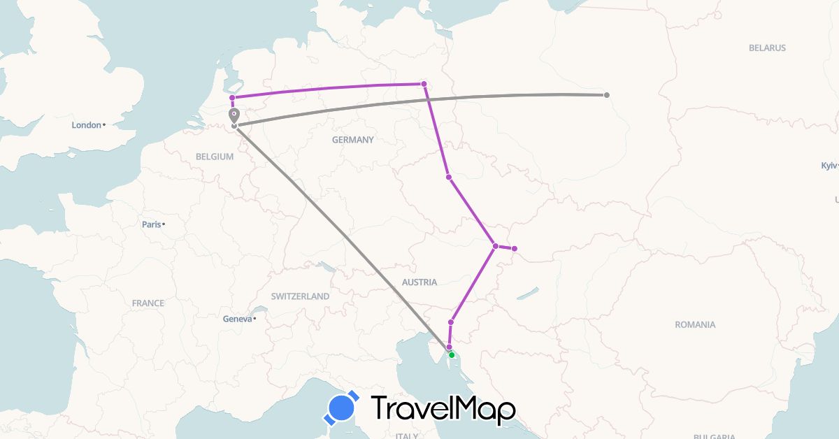 TravelMap itinerary: driving, bus, plane, train in Austria, Czech Republic, Germany, Croatia, Netherlands, Poland, Slovenia, Slovakia (Europe)